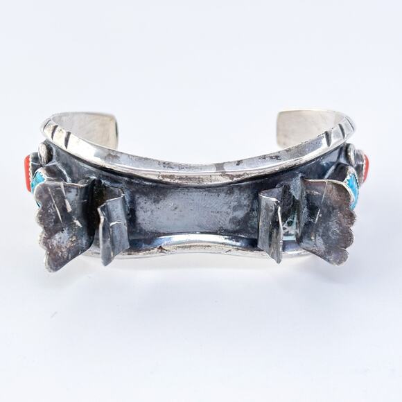 Vintage Milton Lasiloo Native Zuni Sterling Silver Turquoise Coral Watch Cuff 6" - Picture 2 of 12
